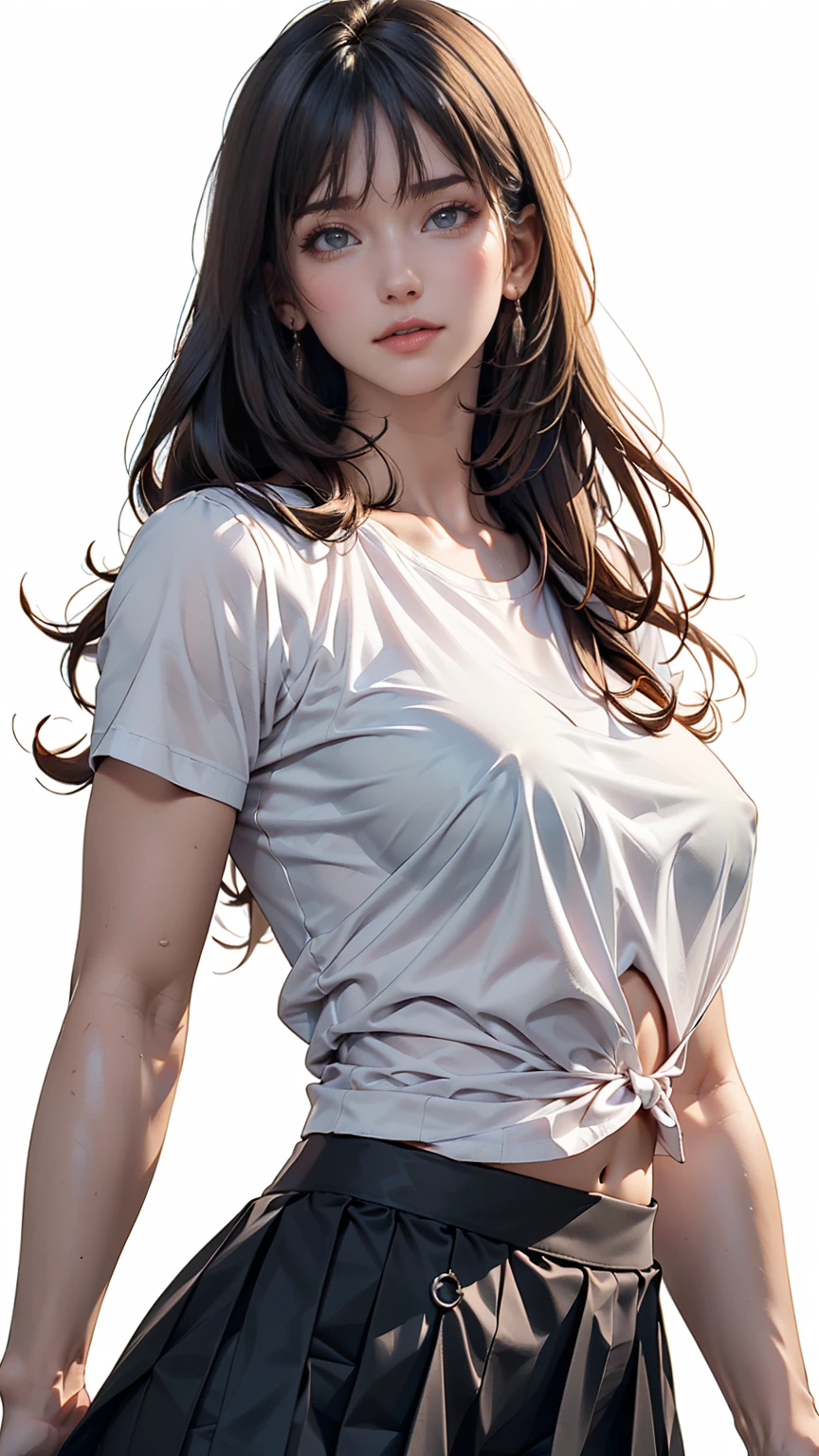 Nipples, Visible through the white shirt (((masterpiece, Highest quality)), No pants, 1 girl, (Realistic: 1.4), alone, White Background, Black Hair, Long Hair, Absolute area, skirt, ((whole body)),  Sexy proportions、9