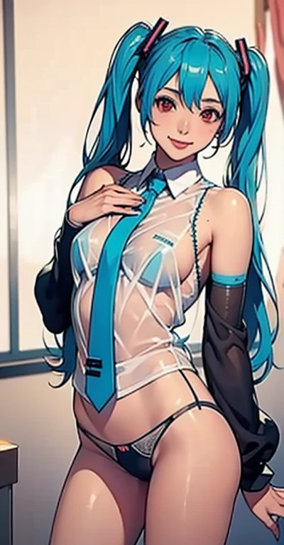 masterpiece, hatsune miku, 32K, (See-through shirt)Blue tie, Exposing shoulders, The sleeves are separated, Evil Smiley Face, Dark Skin, Red eyes, Iris, Pupil orange,Showing her panties,