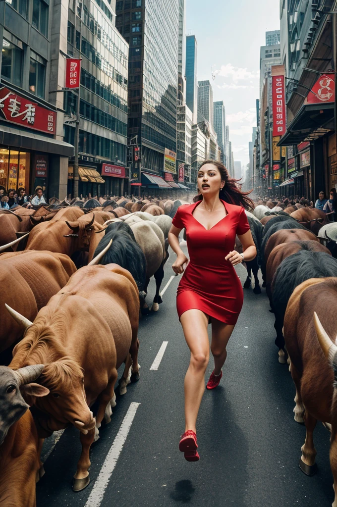 "Generate an image of a bustling city street with tall buildings, where a large crowd of people, including a woman in a red dress, is running away from a herd of charging bulls. The scene should be filled with motion and urgency, capturing the chaos and fear of the moment."