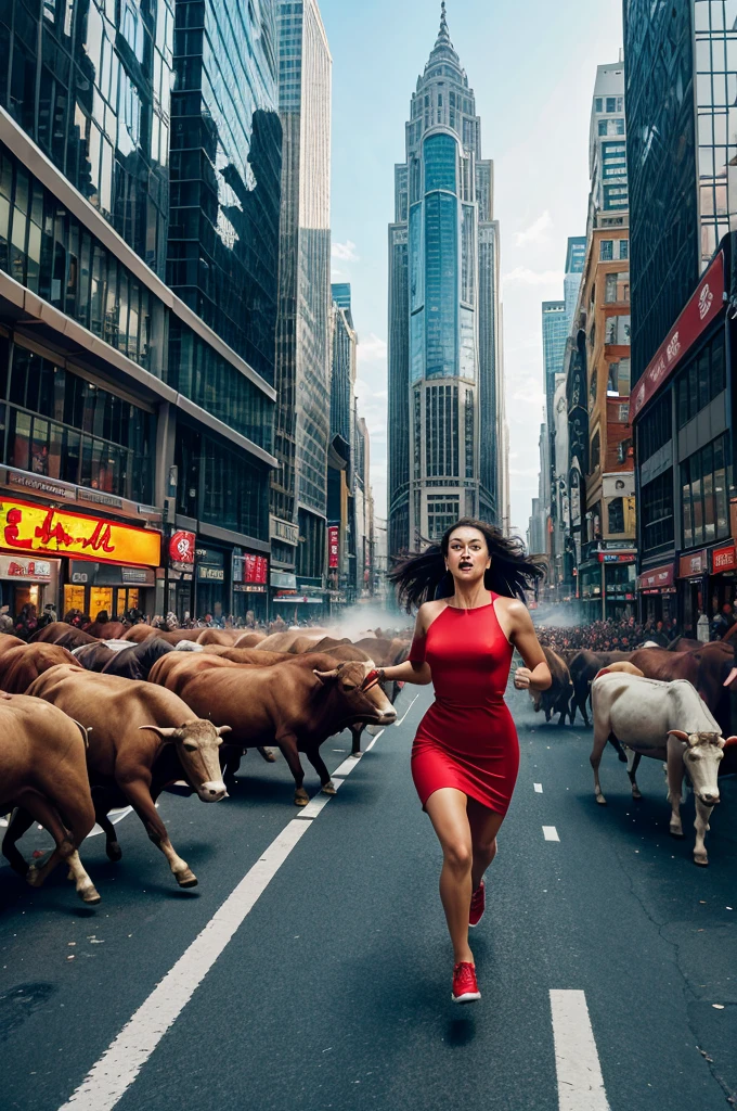 "Generate an image of a bustling city street with tall buildings, where a large crowd of people, including a woman in a red dress, is running away from a herd of charging bulls. The scene should be filled with motion and urgency, capturing the chaos and fear of the moment."