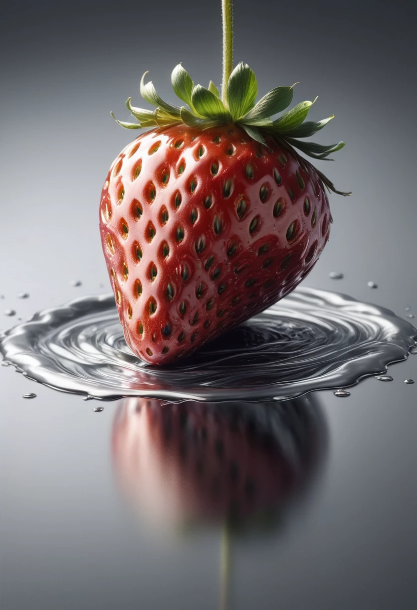 (mercury composed of one Colorful strawberry :1.8)rising from a puddle of liquid mercury, one strawberry cut in half, we see the inside of the strawberry, extremely shiny, smooth surface texture, polished surface, reflective, 45 degrees angle from the front, tesselation ral-chrome, Photorealistic, Hyperrealistic, Hyperdetailed, analog style, detailed skin, matte skin, soft lighting, subsurface scattering, realistic, heavy shadow, masterpiece, best quality, ultra realistic, 8k, Intricate, High Detail, film photography, soft focus