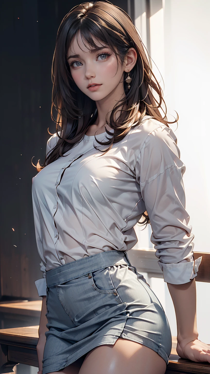 Nipples, Visible through the white shirt (((masterpiece, Highest quality)), No pants, 1 girl, (Realistic: 1.4), alone, White Background, Black Hair, Long Hair, Absolute area, skirt, ((whole body)), Sexy proportions、Narrow waist