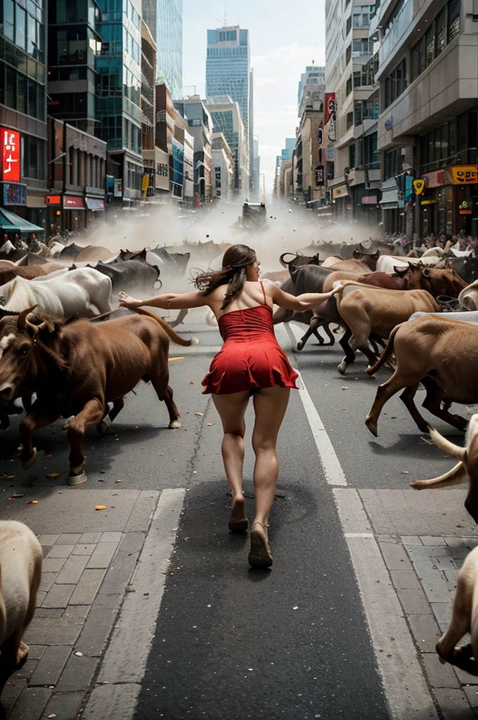"Generate an image of a bustling city street with tall buildings, where a large crowd of people, including a woman in a red dress, is running away from a herd of charging bulls. The scene should be filled with motion and urgency, capturing the chaos and fear of the moment."