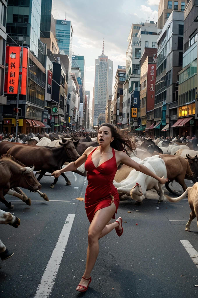 "Generate an image of a bustling city street with tall buildings, where a large crowd of people, including a woman in a red dress, is running away from a herd of charging bulls. The scene should be filled with motion and urgency, capturing the chaos and fear of the moment."