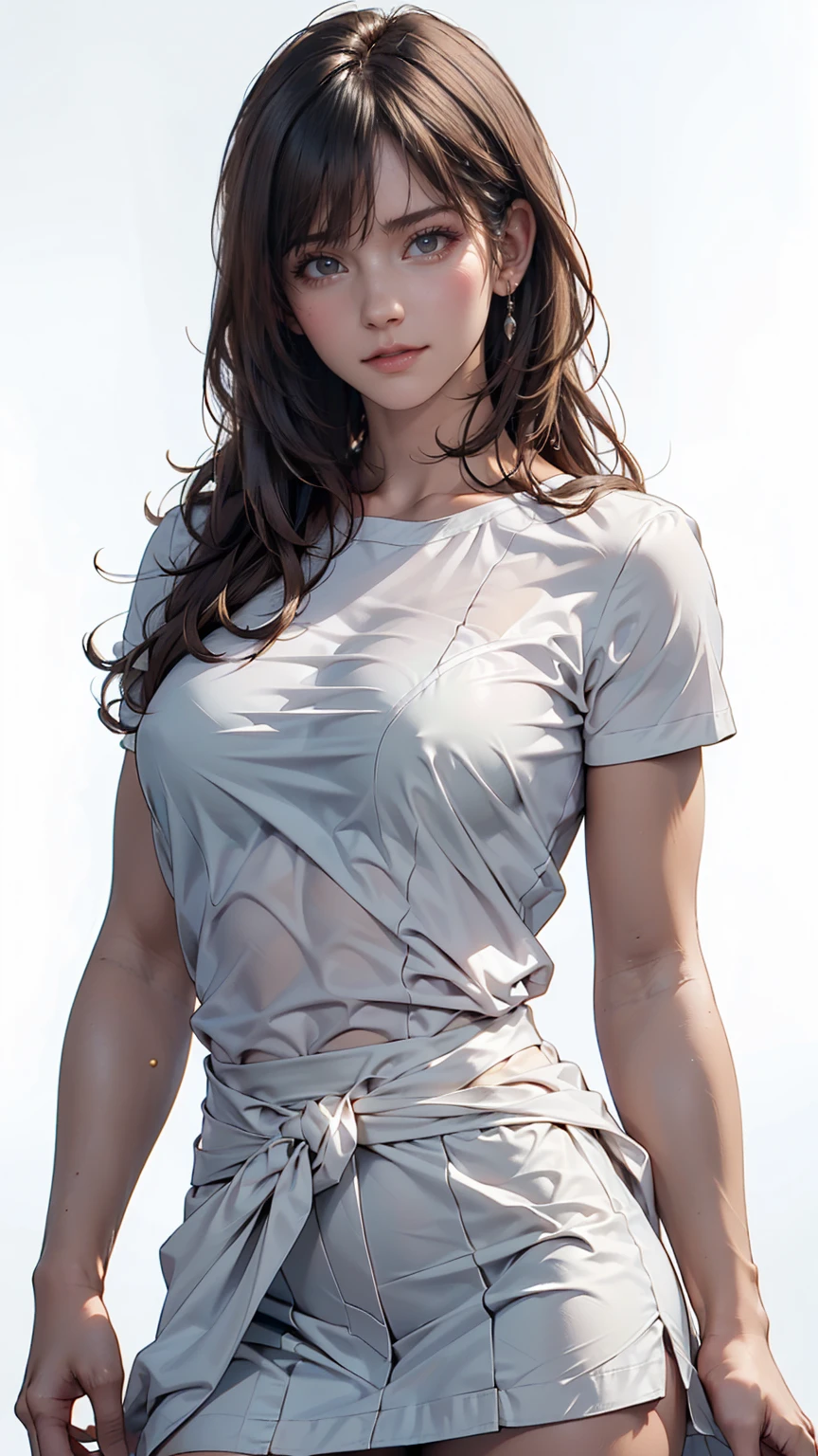 Nipples, Visible through the white shirt (((masterpiece, Highest quality)), No pants, 1 girl, (Realistic: 1.4), alone, White Background, Black Hair, Long Hair, Absolute area, skirt, ((whole body)), Sexy proportions、Narrow waist