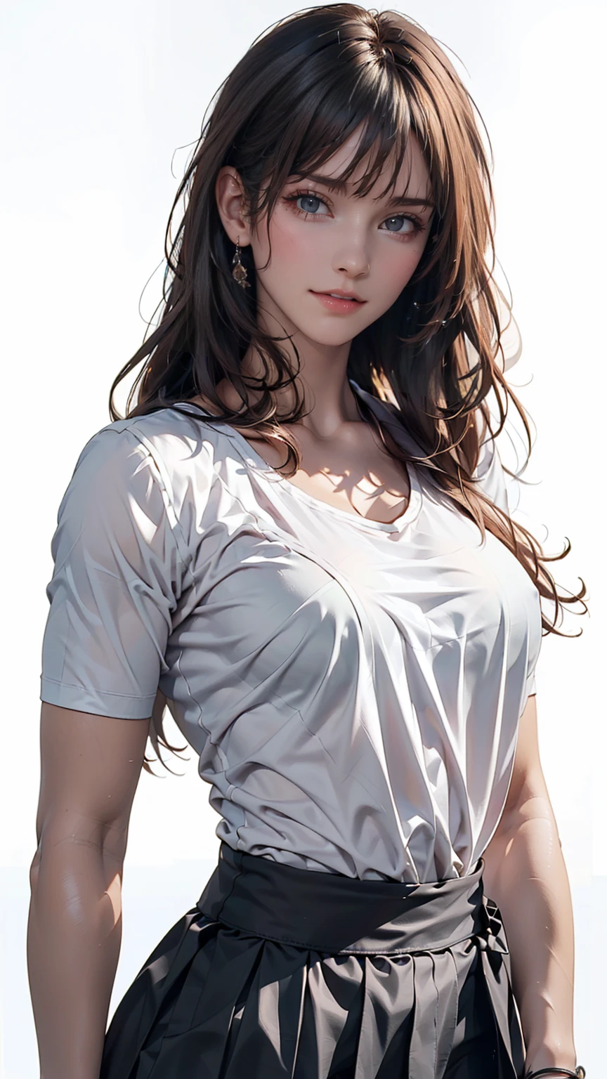 Nipples, Visible through the white shirt (((masterpiece, Highest quality)), No pants, 1 girl, (Realistic: 1.4), alone, White Background, Black Hair, Long Hair, Absolute area, skirt, ((whole body)),  Sexy proportions、Narrow waist