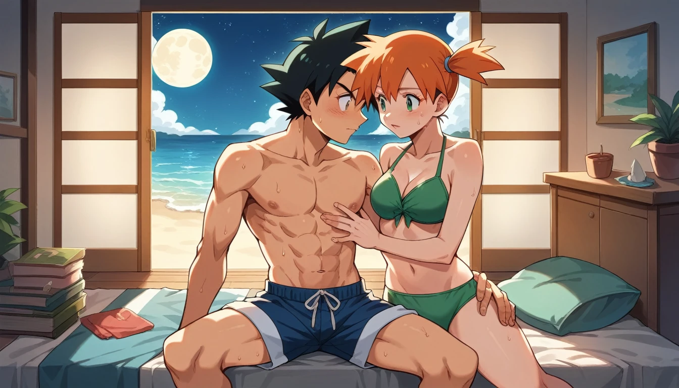 black hair, short hair, brown eyes, hair between eyes, ash ketchum, sweat shorts, shirtless misty pokémon, orange hair, green eyes, side ponytail, green bikini, masterpiece, starry night with a full moon photograph of beautiful 18 year old couple, inside a beach house at night