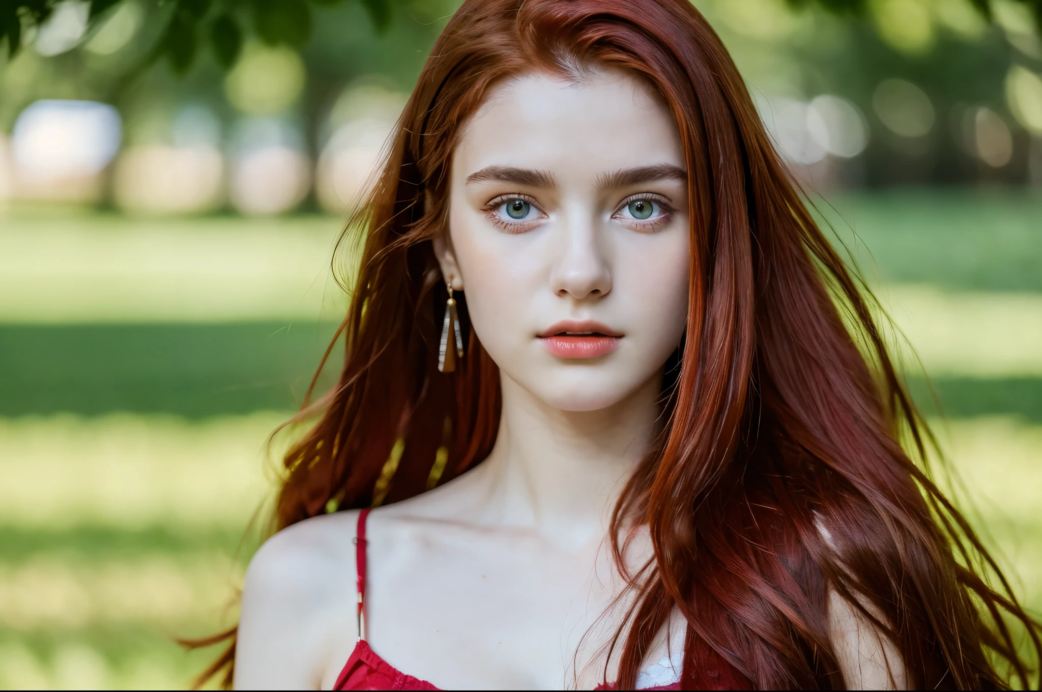 ( masterpiece, top quality, best quality,8k,17 years old girl,ultra detailed,raw photo:1.5),(photorealistic:1.4), (long red hair:1.5), (cinematic lighting), PerfectNwsjMajic, , Surrealism, UHD, ccurate, Super detail, textured skin, High detail, Best quality, dynamic angle, (high nose,White skin),[Beautiful blue eyes],[flat chest:large breasts:0.5],(1girl),(good anatomy:0.5)),(outside:1.5),dress