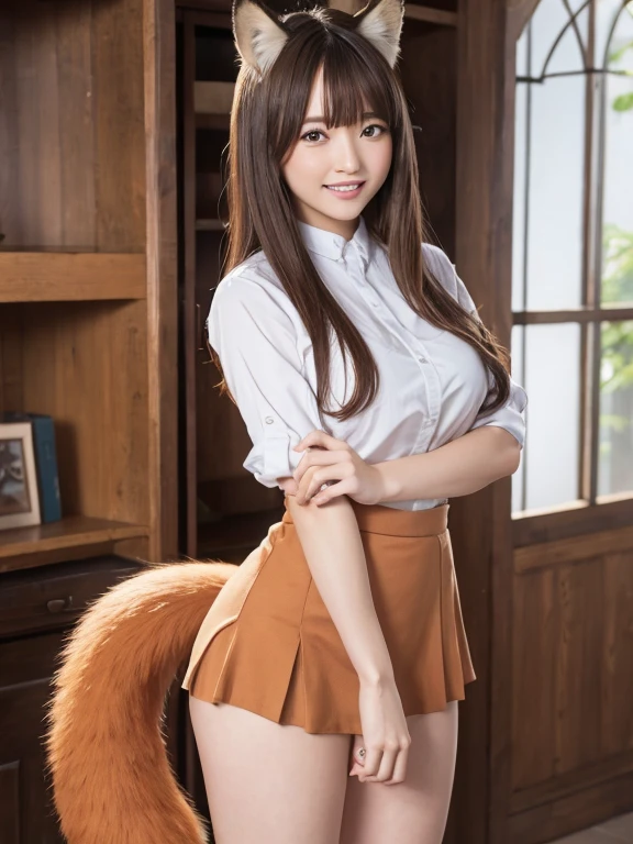 ((Highest quality, 8k)), ((masterpiece)), (Highest Resolution), Perfect Face, Fox Girl, high school girl, Beautiful woman, public, One tail, she has thick thighs, Big tail, She has an orange fox tail., She wags her tail, smile, Fur collar, She is wearing a short skirt, Beautiful Hips , Big Breasts, The skirt is rolled up at her tail