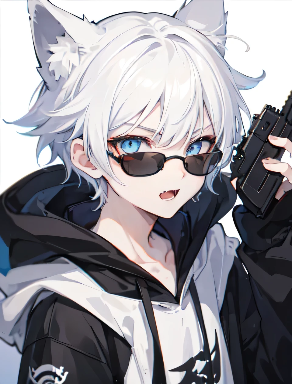 1Boy, Boyish, Catboy, Fangs Showing, Ultra-detailed Ice-colored Dragon Eyes, Eye-focus, Snow-White Hair, Head Shot, Cute Expression, Tight Hoodie, sunglasses, holding gun, handgun, Plain Background