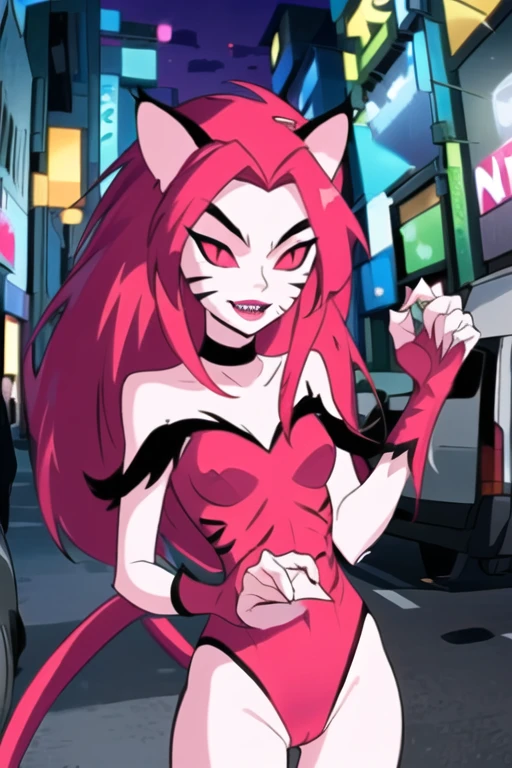 NyaNya,   1girl, solo, pink eyes, pink hair, pink skin, long hair, cat ears, pink sclera, cat tail, claws,  slit pupils, pink lips, whisker markings, pink leotard, fangs, bare shoulders, choker, gloves, city, capelet