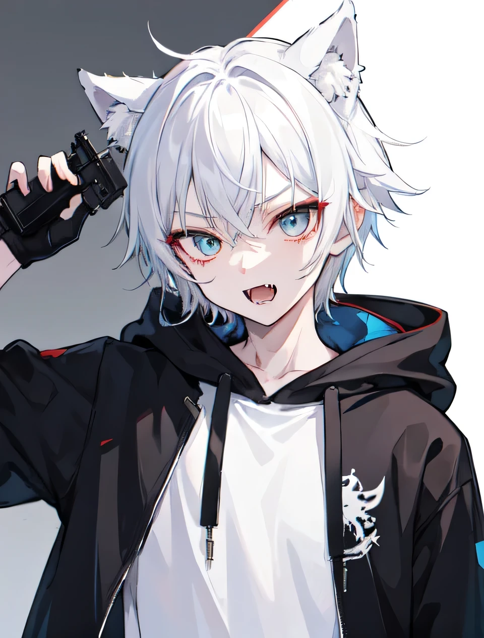 1Boy, Boyish, Catboy, Fangs Showing, Ultra-detailed Ice-colored Dragon Eyes, Eye-focus, Snow-White Hair, Head Shot, Cute Expression, Tight Hoodie, sunglasses, holding gun, handgun, Plain Background
