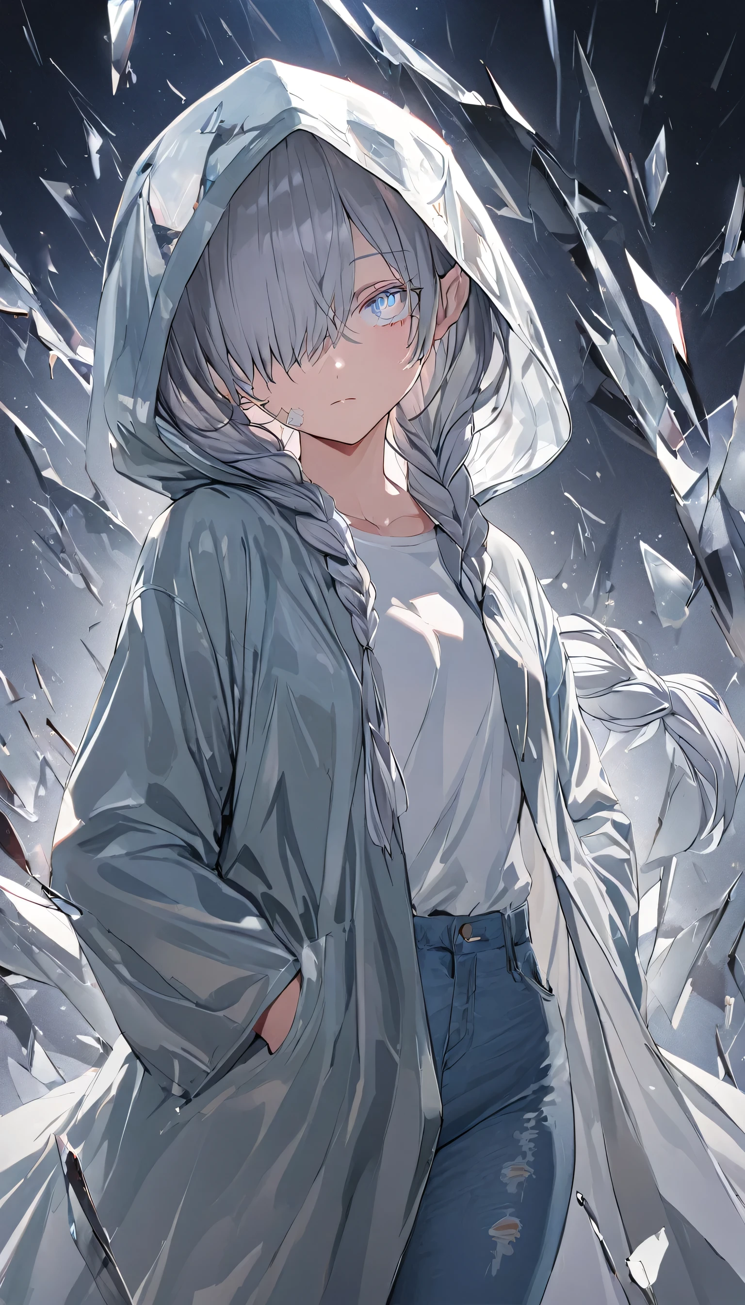 Top-quality,Masterpiece,Best quality,Ultra detailed,High resolution,8k,Super fine illustration,Detailed lighting,Detile background,Cowboy shot,Dutch angle,Denoise,
Cinematic,Dynamic angle,Full body,
Impasto,Prism style,Broken world,Broken glass effect,Broken glass background,
1girl,Solo,(15 years old:1.3),
(Hood up:1.2),(Black raincoat:1.5),(Long raincoat:1.5),(Big hood:1.3),(White shirt:1.3),(Jeans:1.3),(Black sneakers:1.3),
(Blue eyes),(Glass eyes),(Gauze on face:1.3),
(Gray hair:1.3),(Long hair),(Long braided pigtail),(Sideburns),(Long sideburns:1.5),(Hair over one eye:1.3),
(Flat chests),Beautiful ass,Thick thighs,Wide hips,Skinny waist,Curvy,
Half opened eyes,Expressionless,Looking at viewer,
(Glass),Wearing Glass,Light blue theme,Backlight,Warm tones,Tranquil