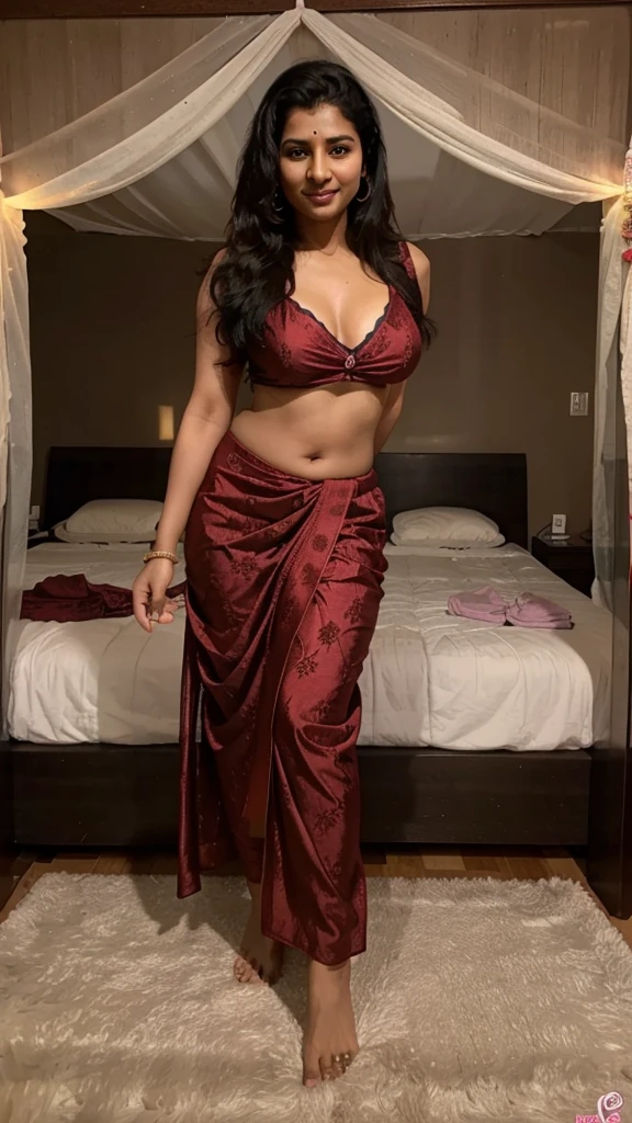 A radiant South Indian 35 year old aunty , having sex with a 25 year old boy in bed room. Full body image 