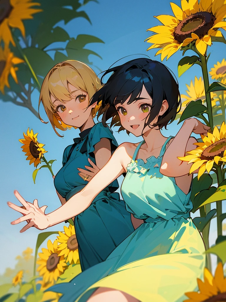 master piece, best quality, for below, cinematic angle, upper body , pigeon toed,
Anime-style Moe illustration, summer vacation theme, 20-year-old 4womans holding a bouquet of sunflowers, short hair,
Picnic Maxi Dress, slightly inner thighs, smile, accurate drawing, Active pose,