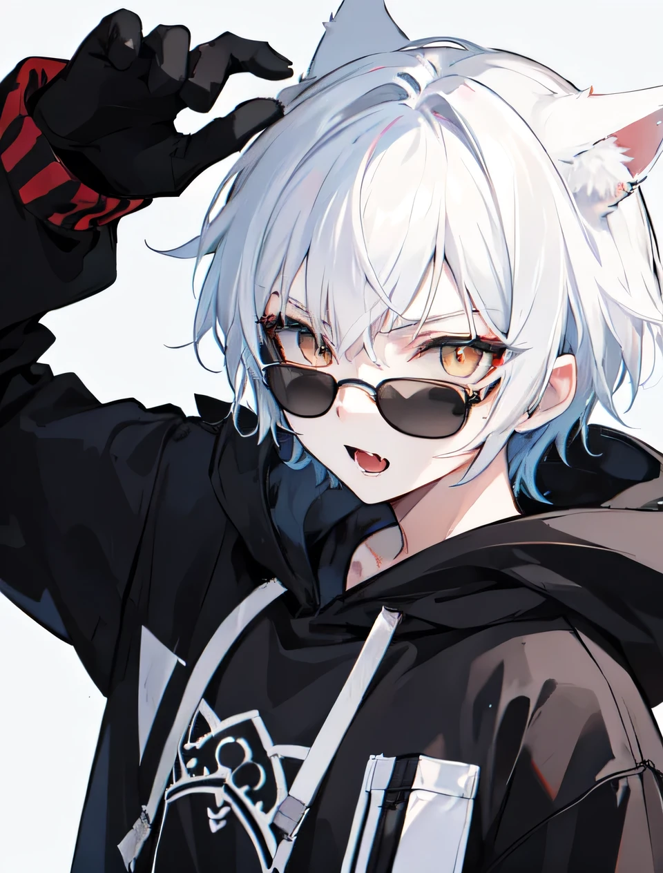 1Boy, Boyish, Catboy, Fangs Showing, Ultra-detailed Ice-colored Dragon Eyes, Eye-focus, Snow-White Hair, Head Shot, Cute Expression, Tight Hoodie, sunglasses, holding gun, handgun,, Plain Background