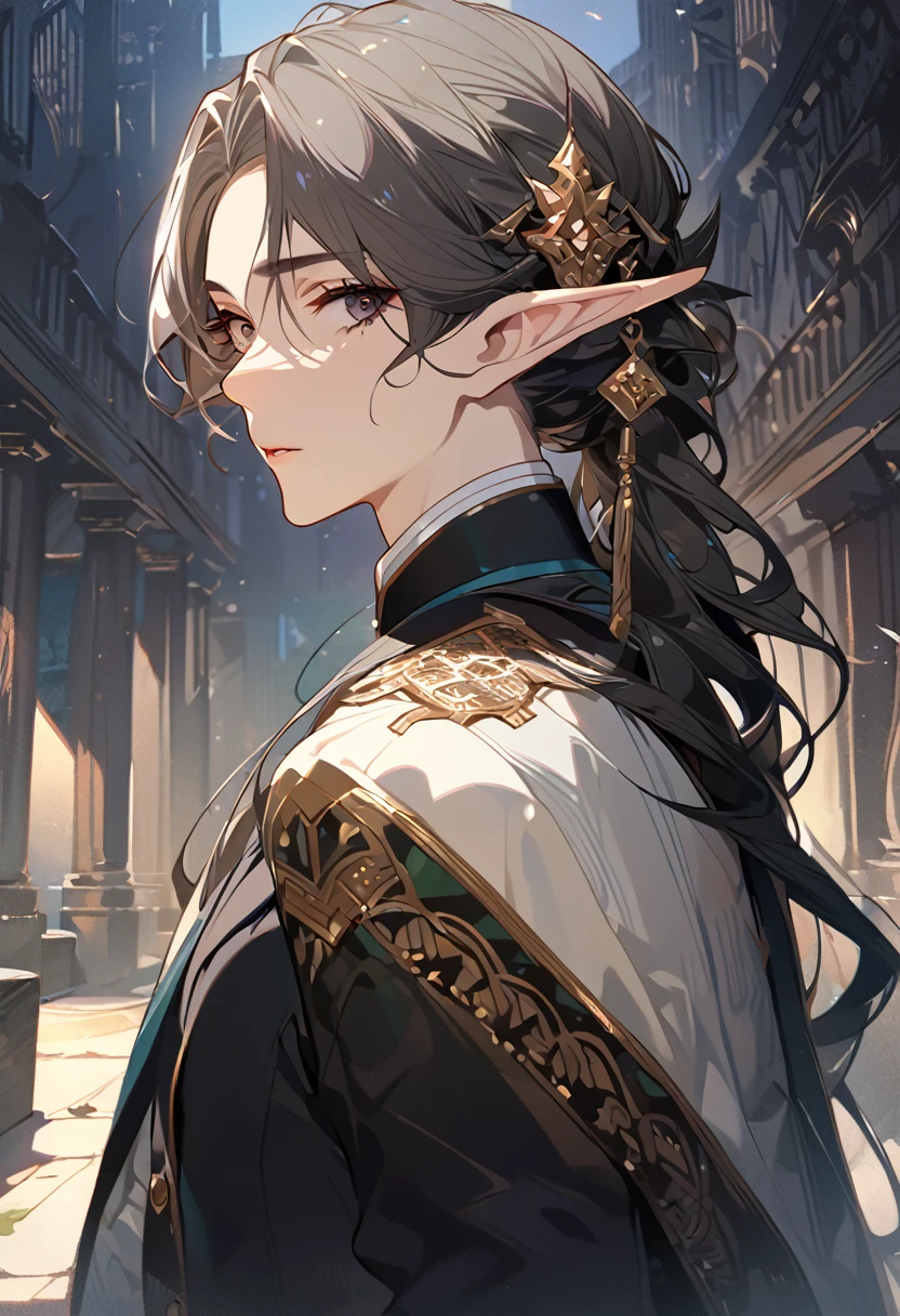 masterpiece, best quality, 8k ,4k , 1 male, elf, long ears elf, dark grayish hair, dark greenish eyes, hair ornament, finely detailed eyes and detailed face, looking at viewer, from side, meticulous clothes, formal clothes, combination of white and black coat, half cape by the shoulders, patterned clothes, majestic looks, sharp looks, shadows, inspired by Asukaziye artist : ask, art style : ask