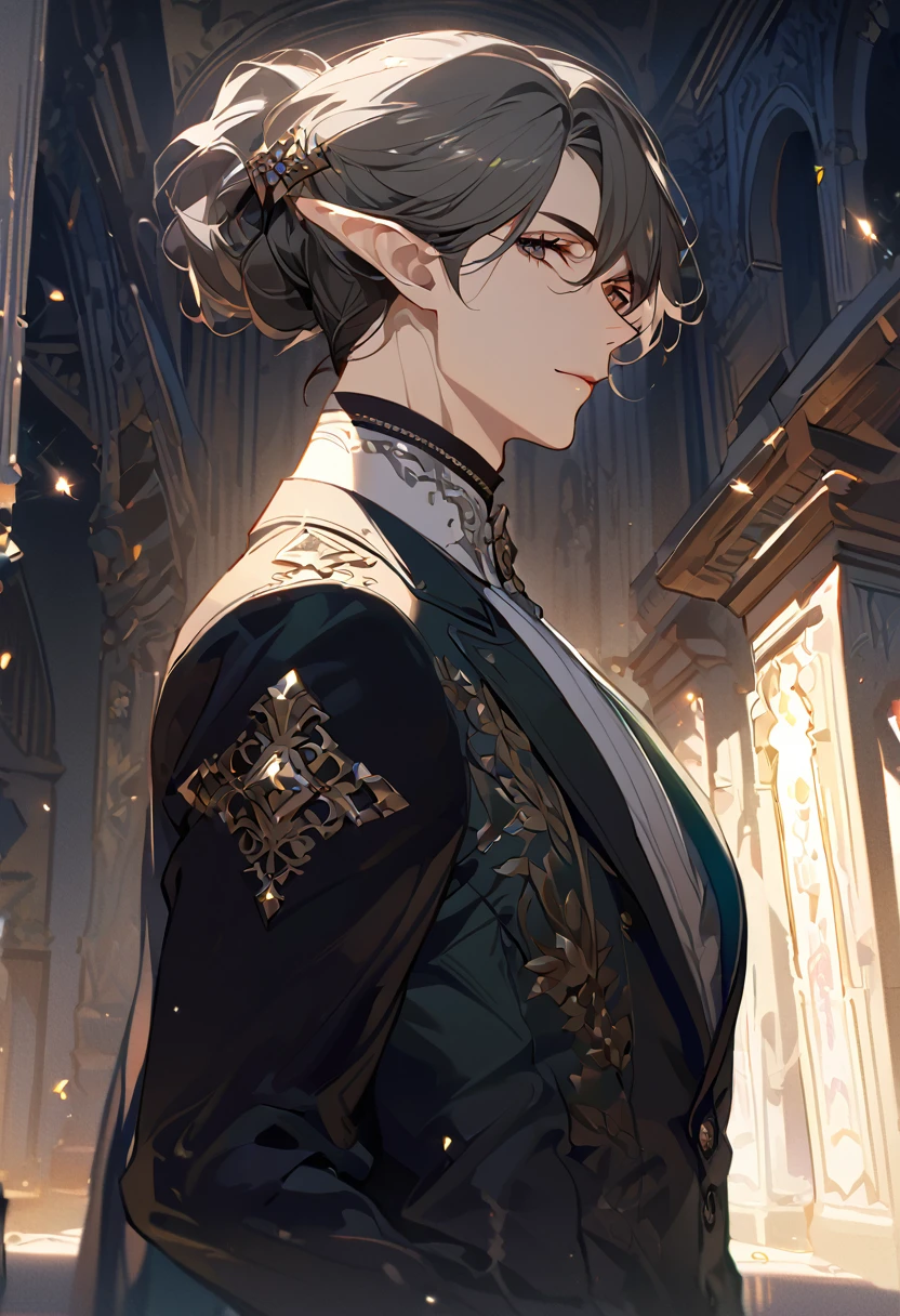 masterpiece, best quality, 8k ,4k , 1 male, elf, long ears elf, dark grayish hair, dark greenish eyes, hair ornament, finely detailed eyes and detailed face, looking at viewer, from side, meticulous clothes, formal clothes, combination of white and black coat, half cape by the shoulders, patterned clothes, majestic looks, sharp looks, shadows, inspired by Asukaziye artist : ask, art style : ask