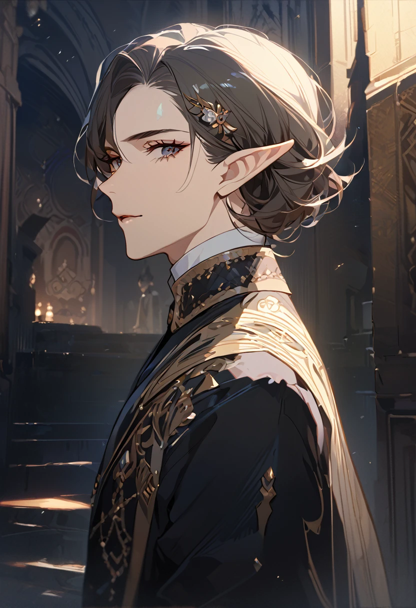 masterpiece, best quality, 8k ,4k , 1 male, elf, long ears elf, dark grayish hair, dark greenish eyes, hair ornament, finely detailed eyes and detailed face, looking at viewer, from side, meticulous clothes, formal clothes, combination of white and black coat, half cape by the shoulders, patterned clothes, majestic looks, sharp looks, shadows, inspired by Asukaziye artist : ask, art style : ask