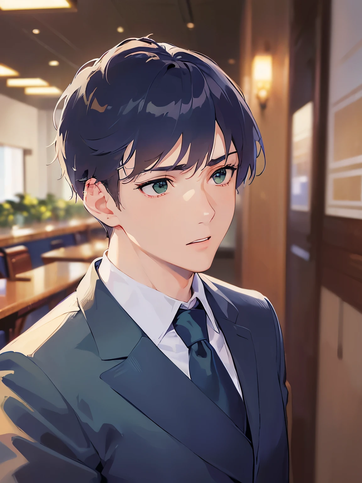 side angle, (looking away:1.5), Close-up of your face、shiny skin, masterpiece、Highest quality、(25-year-old male:1.5) and (Brown short hair) and (Green Eyes), BREAK (Wearing a navy blue suit:1.3) and (Blue tie) BREAK、Are standing、(surprised:1.3)、The background is the interior of a restaurant at night.、(Alone:1.5)、Upper body is shown、