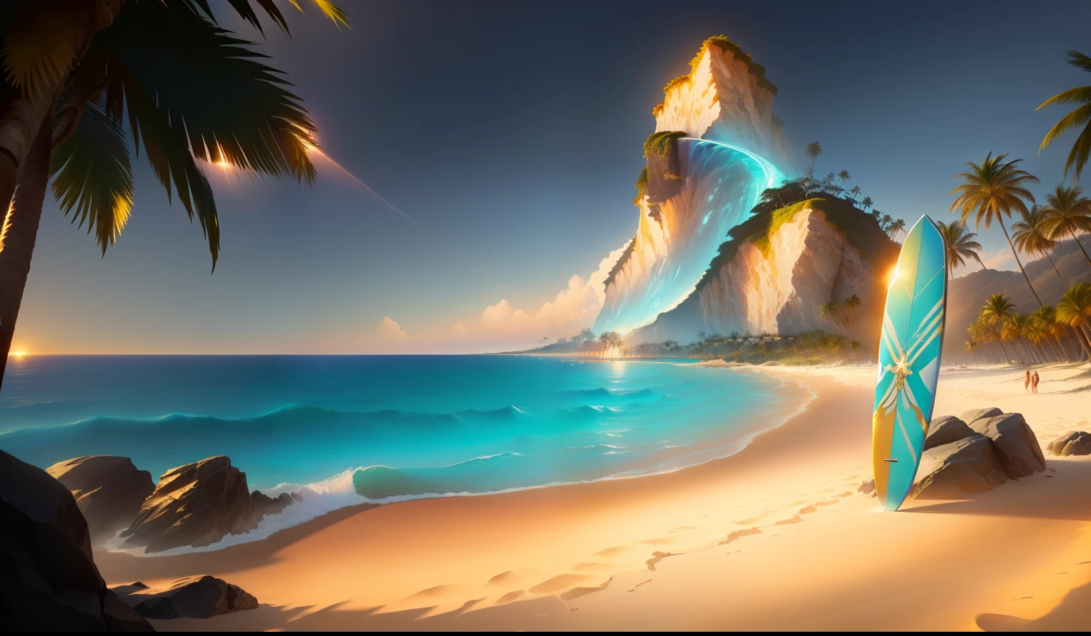 There is a surfboard on the beach，Beach with palm trees and rocks, Palm groves，Beach Background, golden sun, Magical Beach, sunny, Relaxation concept art, Sparkling sea, Diablo concept art，Beauty，HD