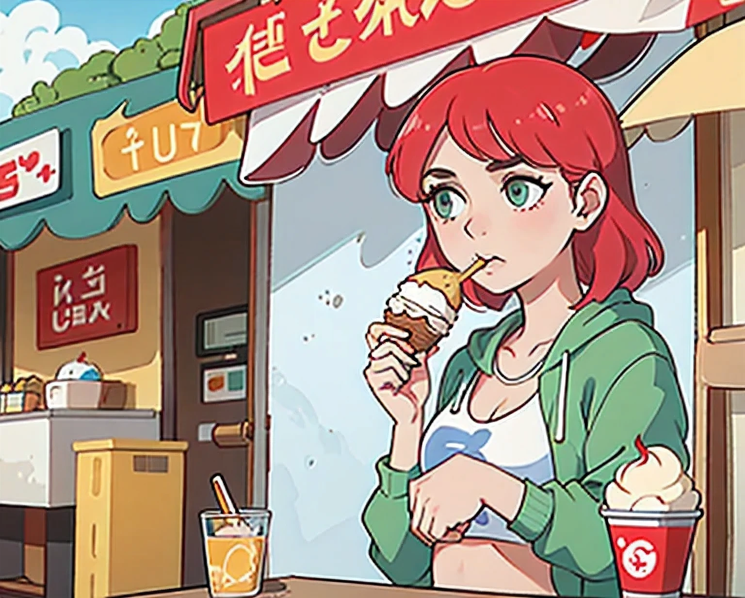 girl in a bikini eating an ice cream cone, eating ice cream, in a bikini, angela white, giorgia meloni, katy perry, in bikini, eating ice - cream, wearing spandex bikini, ice cream on the side, bikini, ice cream, wearing a bikini, candid photo of dirty, shiny plastic bikini, candid shot, cone, 1 girl, solo，in a green dress standing by a wall,portrait of female idol