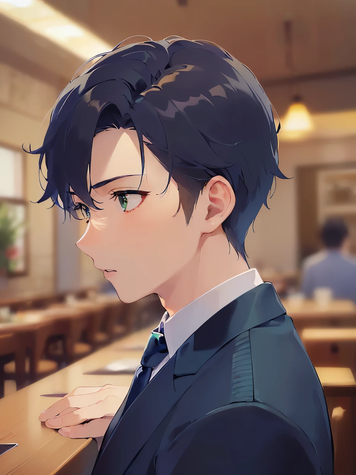 side angle, (looking away:1.5), Close-up of your face、shiny skin, masterpiece、Highest quality、(25-year-old male:1.5) and (Brown short hair) and (Green Eyes), BREAK (Wearing a navy blue suit:1.3) and (Blue tie) BREAK、Are standing、(surprised:1.3)、The background is the interior of a restaurant at night.、(Alone:1.5)、Upper body is shown、
