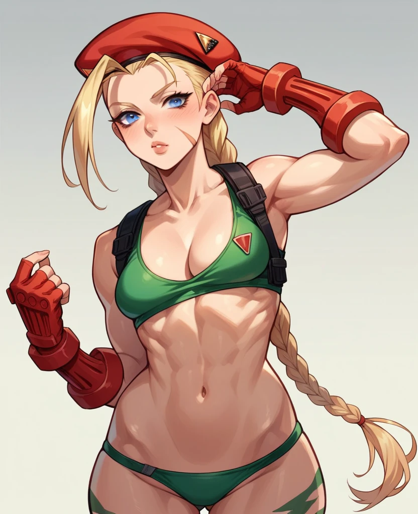 cammy sf6, choker, 1 girl, standing alone, looking ahead at viewer, blue colored eyes, scar on the face, red gloves, scar on cheek, antenna hair, hand on hip, black choker, hair blonde, gloves fingerless, shorth hair, tummy, (((standing backwards))), big-ass, focus on the ass, blue bikini
