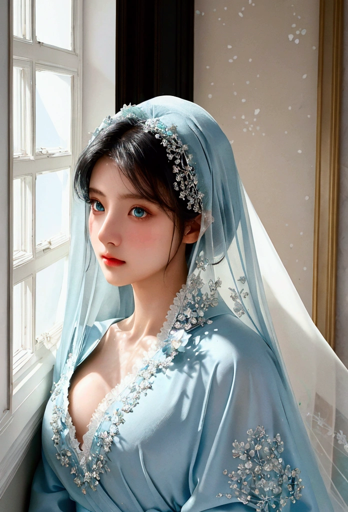 black hair and green eyes_delicate details, clear and clean skin, Wearing a light blue robe, And the light blue veil, A quiet expression that brings peace (bust) Near a window where warm sunlight seeps in, (Magnificent and realistic), surreal, Best quality with high resolution,