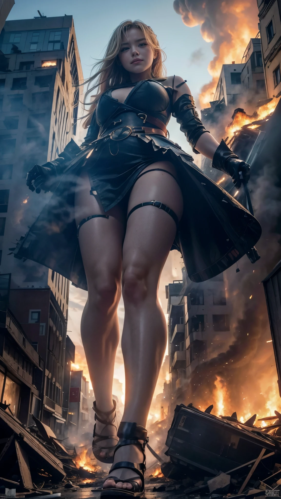 (Giantess elements, high resolution, high quality, accurate body structure, detailed body) Towering giant blonde girl, looking up at approaching woman from below, giantess attacking city, cute, women destroying small town, destroying small town, mischievous expression, Japanese, white skin, smiling, trampling buildings, rubble, burning small town, destroyed small building, collapsed highway, car being crushed, evacuation of residents, sunset, burning small town, please, walk, trampling, anatomically correct, accurate human body, accurate skeleton, full body portrait, blue eyes, rubble scattered at feet, taller than skyscrapers, big impact, amazing, giantess elements, drawing women big, increasing destructive elements, making city smaller, rampaging,