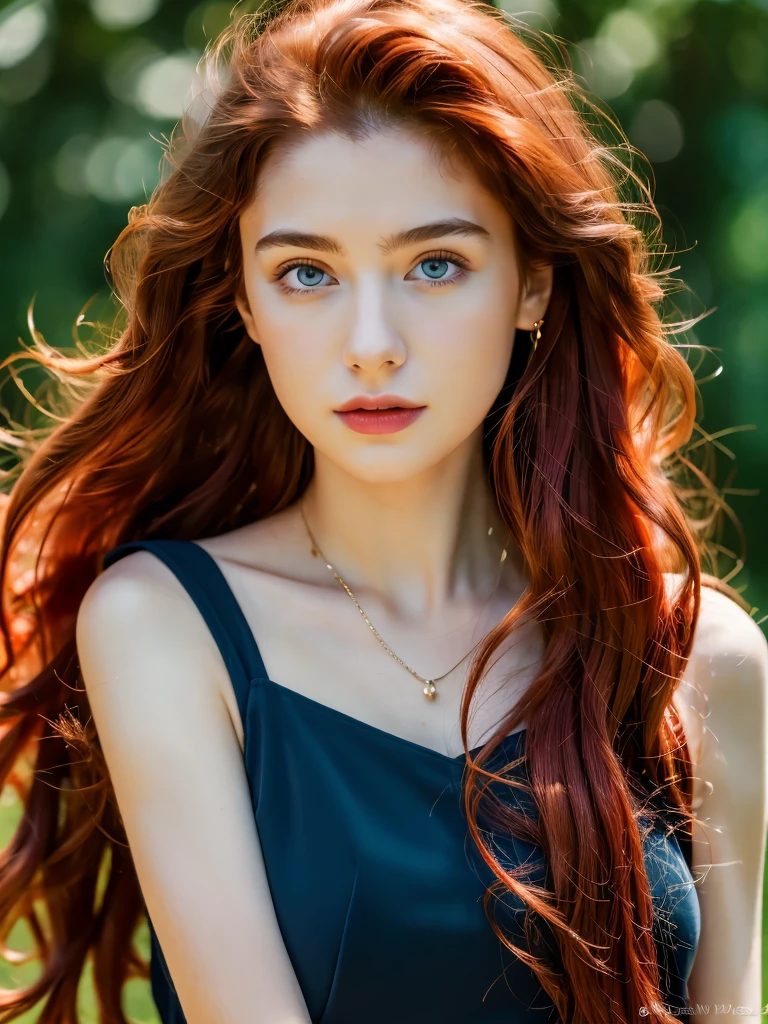 ( masterpiece, top quality, best quality,8k, girl,ultra detailed,raw photo:1.5),(photorealistic:1.4), (long red hair:1.5), (cinematic lighting), PerfectNwsjMajic, , Surrealism, UHD, ccurate, Super detail, textured skin, High detail, Best quality, dynamic angle, (high nose,White skin),[Beautiful blue eyes],[flat chest:large breasts:0.5],(1girl),(good anatomy:0.5)),(outside:1.5),dress