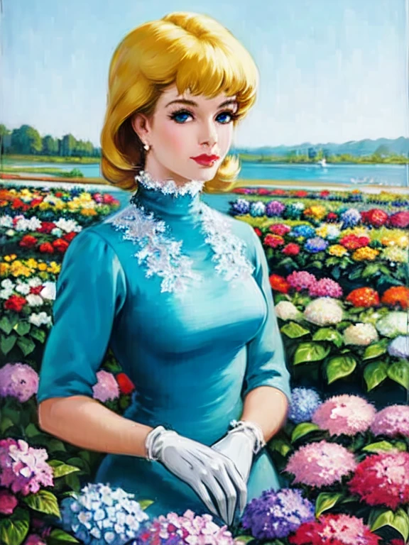 masterpiece, beautiful blonde hair, glassy blue eyes, beautiful girl, in a nice dress with silver embroidery on blue background, hydrangea field, rainbow, after rain, masterpiece, high quality, style of Francois Gerome