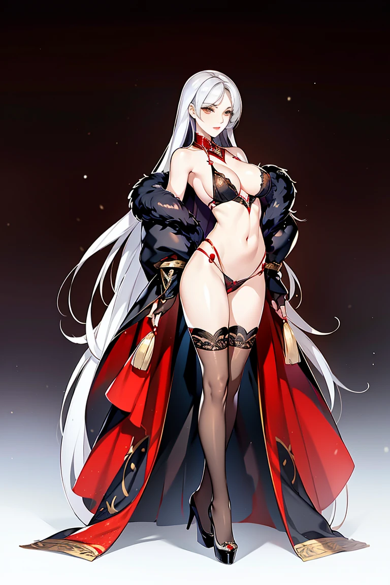 A girl with an oval face, beautiful and cold appearance, golden eyes, red lips, long white hair, seductive and sexy figure, large breasts, small waist, big hips, long legs, wearing black lingerie, detailed drawing, full body, ultra high definition.