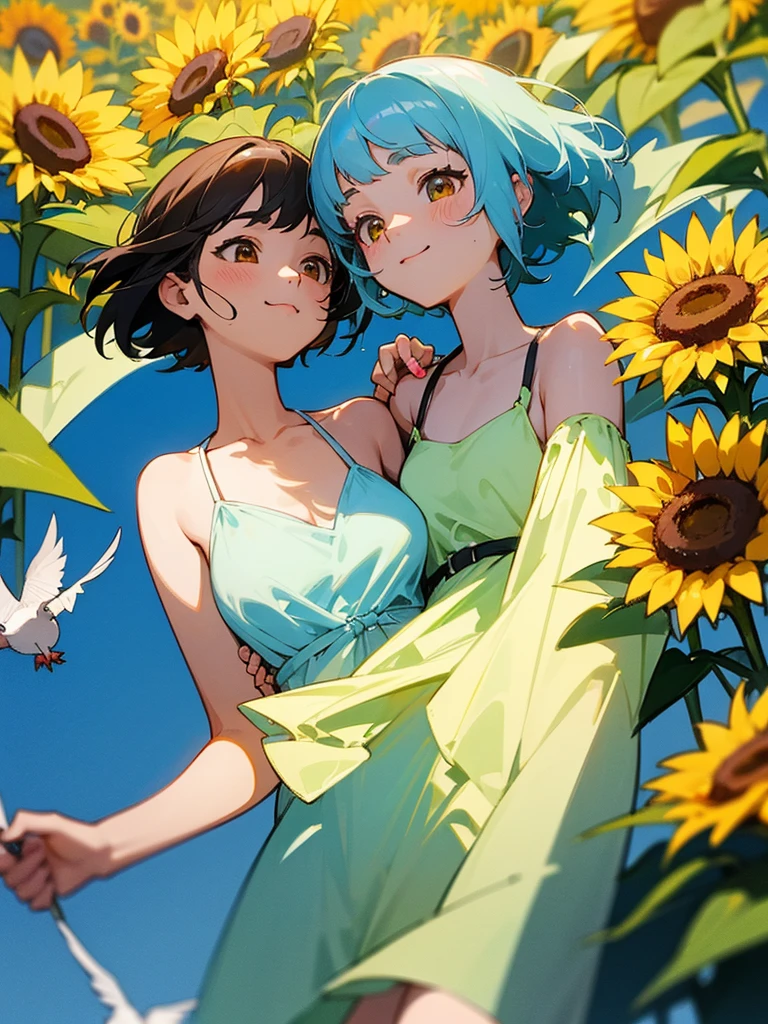 master piece, best quality, for below, cinematic angle, upper body , pigeon toed,
Anime-style Moe illustration, summer vacation theme, 20-year-old 4womans holding a bouquet of sunflowers, short hair,
Picnic Maxi Dress, slightly inner thighs, smile, accurate drawing, Active pose,