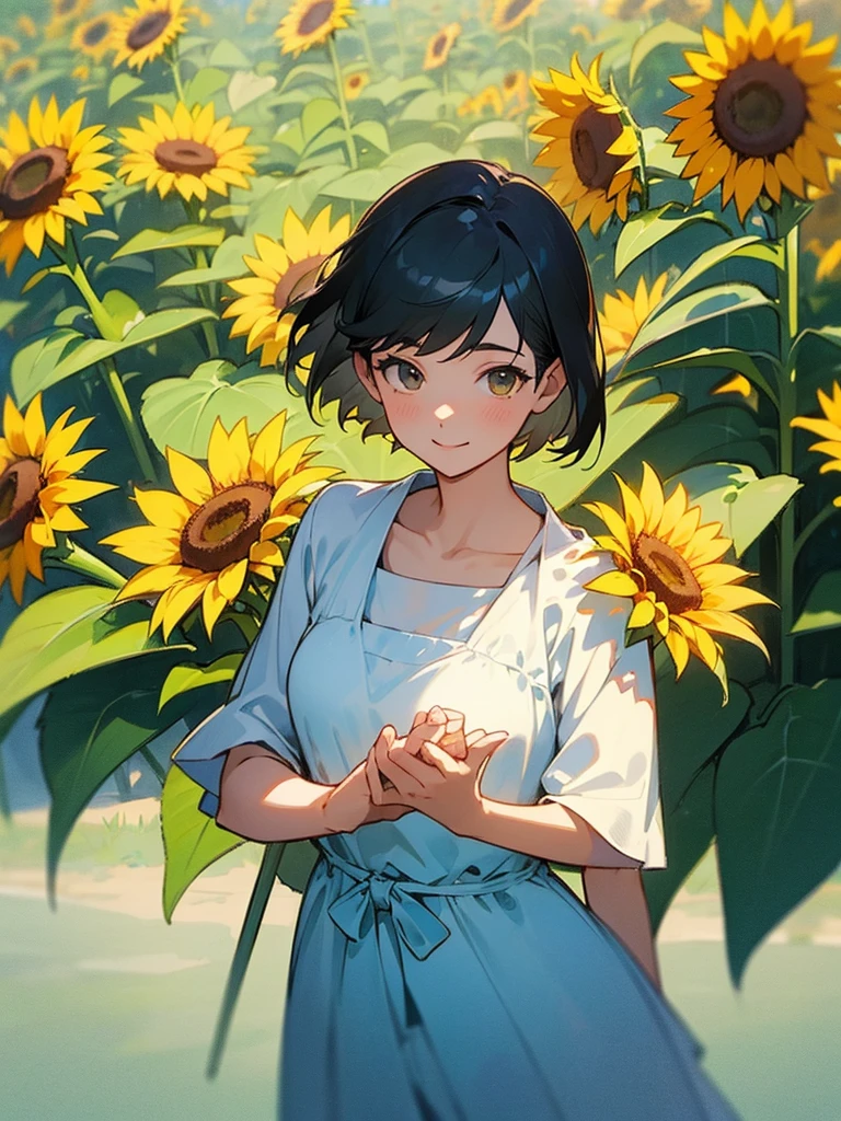 master piece, best quality, for below, cinematic angle, upper body , pigeon toed,
Anime-style Moe illustration, summer vacation theme, 20-year-old 4womans holding a bouquet of sunflowers, short hair,
Picnic Maxi Dress, slightly inner thighs, smile, accurate drawing, Active pose,