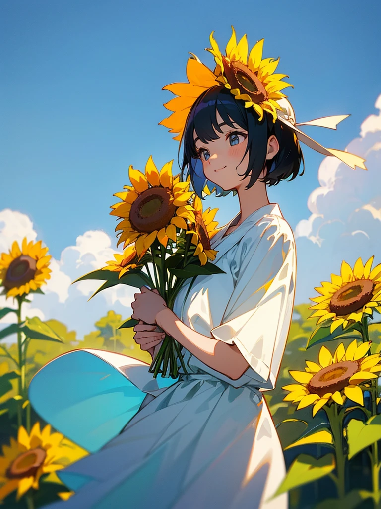 master piece, best quality, for below, cinematic angle, upper body , pigeon toed,
Anime-style Moe illustration, summer vacation theme, 20-year-old 4womans holding a bouquet of sunflowers, short hair,
Picnic Maxi Dress, slightly inner thighs, smile, accurate drawing, Active pose,
