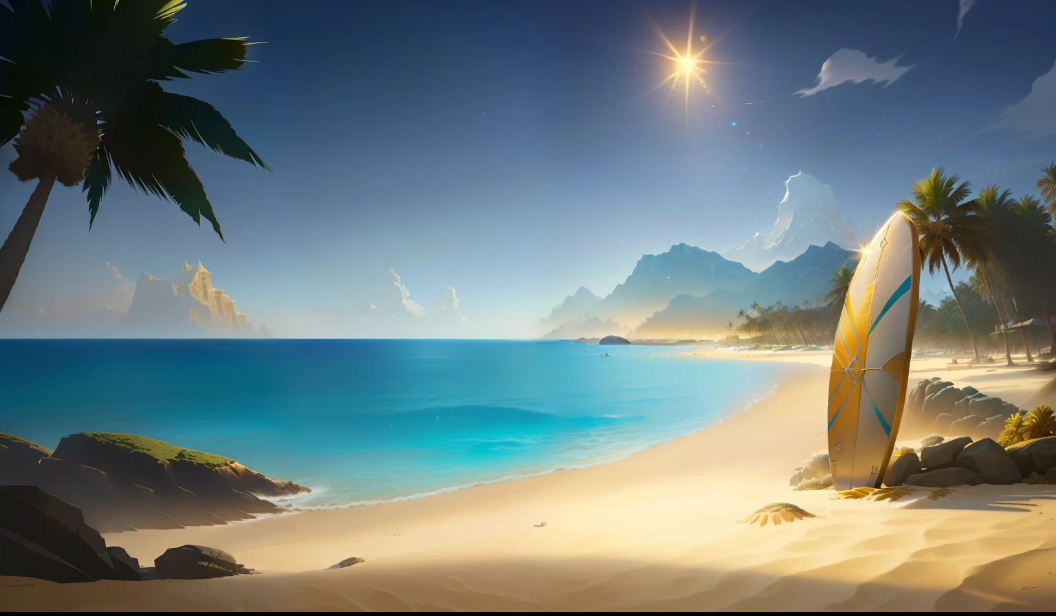 There is a surfboard on the beach，Beach with palm trees and rocks, Palm groves，Beach Background, golden sun, Magical Beach, sunny, Relaxation concept art, Sparkling sea, Diablo concept art，Beauty，HD