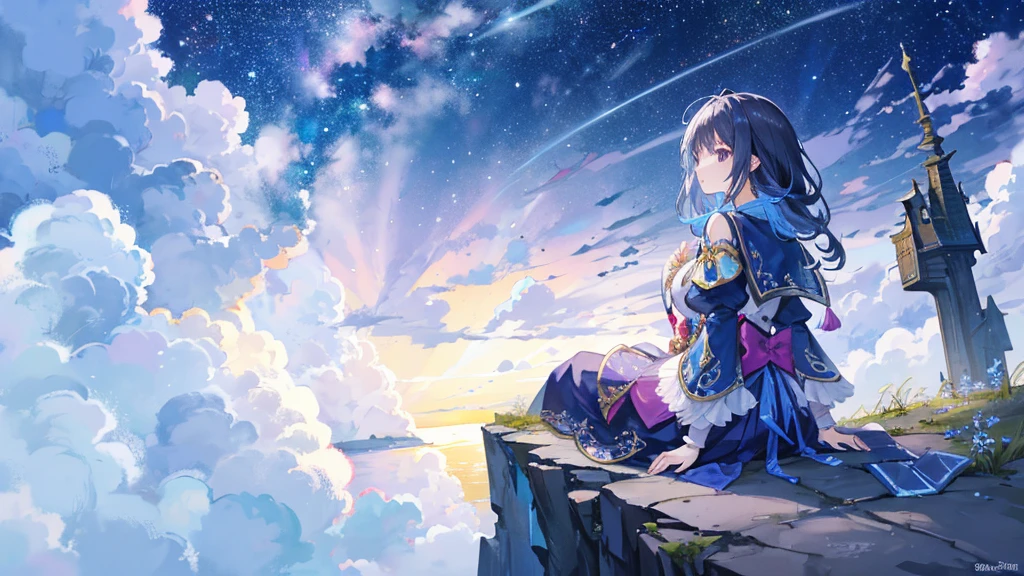 beautiful moonlight night. Girl sitting on the edge of a cliff、Clouds at your feet、Rear view、star-studded night sky. meteor、彼女は美しい顔とBright colorsの輝く目をしています. She wears an outfit with intricate and beautiful designs. Detail View. Bright colors. High resolution. Fantasy、Fantasy、Wizard、Witch&#39;s House、Looking up at the moon、smile