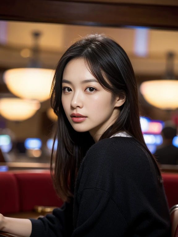 ニヒルな笑い、 front view, 1 girl, mature female, solo ,beautiful face, Japanese girl , play gamble, in casino, skill is master ,No 1 of Hong Kong, (masterpiece, Highest quality, masterpiece, God-like quality, Godly art, Very realistic)