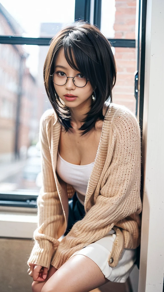 alone、Natural body shape、White skin、Natural Makeup、((Messy black hair 1.3))、bangs、((messy hair1.2、hair over one eye))、Black glasses、(expensive  、Beige long sleeve cardigan、White Shirt 1.2、Black pleated skirt)、((Cleavage、Big Breasts、着衣Big Breasts1.2))、((Wearing a beige cardigan))、(((((Staring at the audience)))))、(((Head to knee portrait)))、(((Exposing your thighs)))、Office window、Sitting、