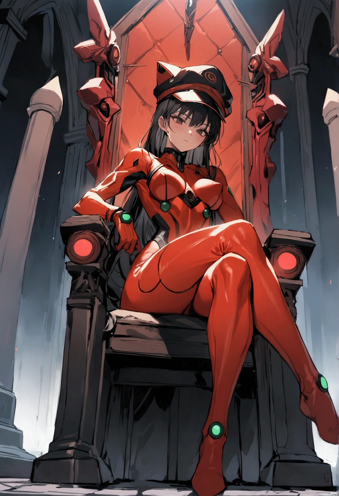 girl, Soryu Asuka Rangrai, Neon Genesis Evangelion, Evangelion New Theatrical Edition, Spear of Longinus, Cat hat, Plug set, Pilot suit, Red tights, Cross your legs, Dark Circle Patch, throne, look down, From the bottom, Looking at the audience, outdoor, masterpiece, best quality, very aesthetic, absurd