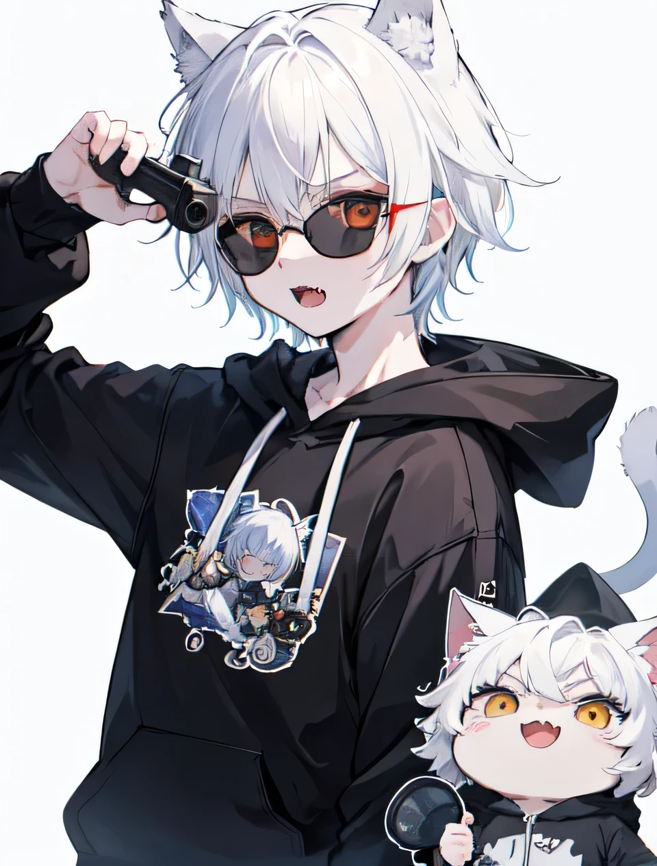 Chibi1Boy, Boyish, Catboy, Fangs Showing, Ultra-detailed Ice-colored Dragon Eyes, Eye-focus, Snow-White Hair, Head Shot, Cute Expression, Tight Hoodie, sunglasses, holding gun, handgun, Plain Background