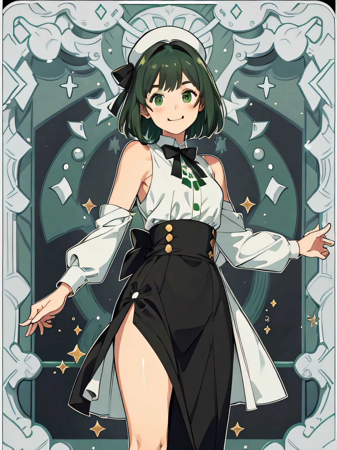 Masterpiece, first class, (perfect face: 1.1 points), (attention to detail: 1.1 points), one of a kind, (healthy skin), cartoon, deformed, full body, tapir, white skin, (dark green shiny hair), (bright green tips), (big black ribbon on side), green eyes, white top with black ties, top under Black tank, white beret, ((smiling with mouth wide open)) looking at camera, front face, background, plain,