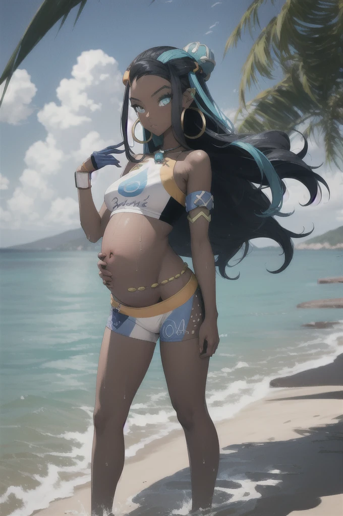 masterpiece, best quality, 1 pregnant girl, nessa, black hair, blue hair,  long hair,  multicolored hair, blue eyes, blue hair,dark skin, single hair bun,  armlet, belly chain, bikini, crop top, shorts, full body, single glove, hand on hip,  hoop earrings, necklace, looking at viewer, midriff,  navel, third trimester of pregnancy,  solo, standing, sky, water, wet, sea 