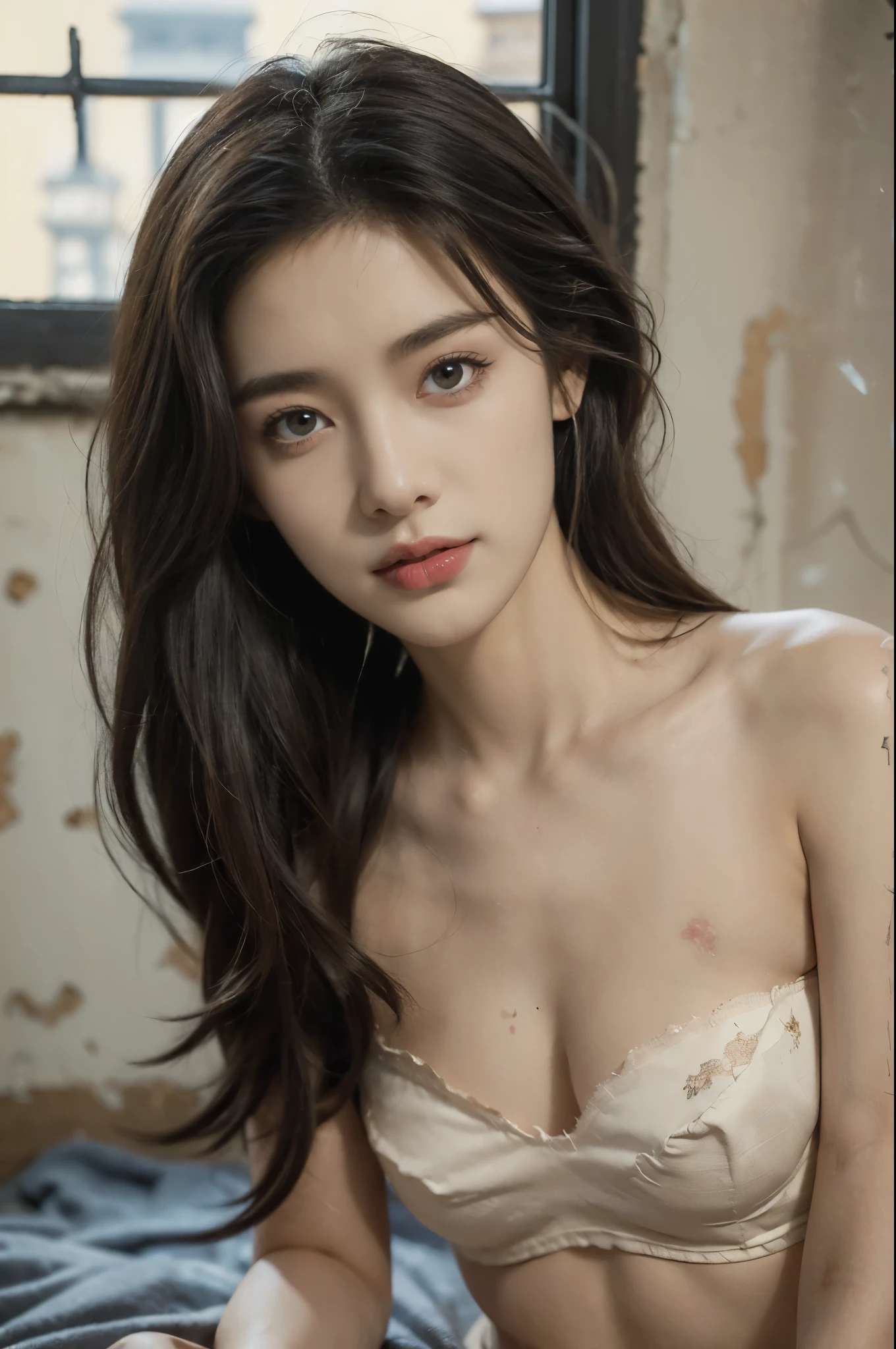 (((best quality))), (((ultra detailed))), (((masterpiece))), illustration,((a beautiful girl,solo)),(long straight bob:0.8),((slim,thin)),((small breasts,flat chest)),(strapless torn sheer bra:1.3), (delicate skin:1.2), ,(in dark dilapidated bedroom:1.3),(rundown hotel:1.3),((faded walls, peeling paint, dusty carpet)),((window, city view, weak lights)),(majestic Eiffel Tower:1.3),(smile:1.2), tranquility, rough surroundings, edgy beauty,detailed eyes, hidden fire, soul,(summer:1.2),(night scene:1.3),((from front,close-up of face))