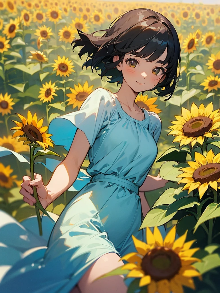 master piece, best quality, for below, cinematic angle, upper body , pigeon toed,
Anime-style Moe illustration, summer vacation theme, 20-year-old 4womans holding a bouquet of sunflowers, short hair,
Picnic Maxi Dress, slightly inner thighs, smile, accurate drawing, Active pose,