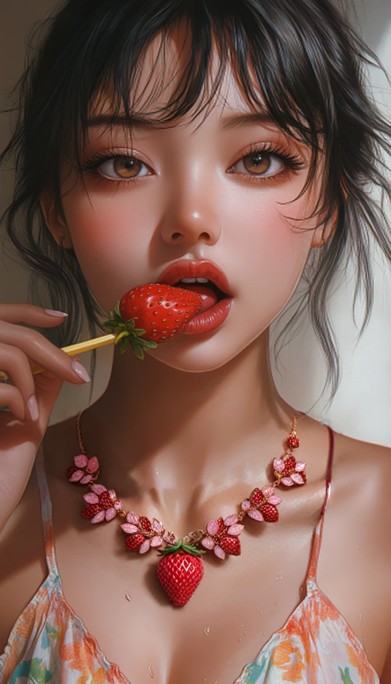 (a strawberry necklace, detailed jewelry, beautiful gems, intricate design, shimmering stones, delicate craftsmanship, elegant pendant, vibrant red berries, soft pink accents, glowing gemstones, luxurious accessory, photorealistic, 8k, high resolution, cinematic lighting, detailed texture, masterpiece, realistic)