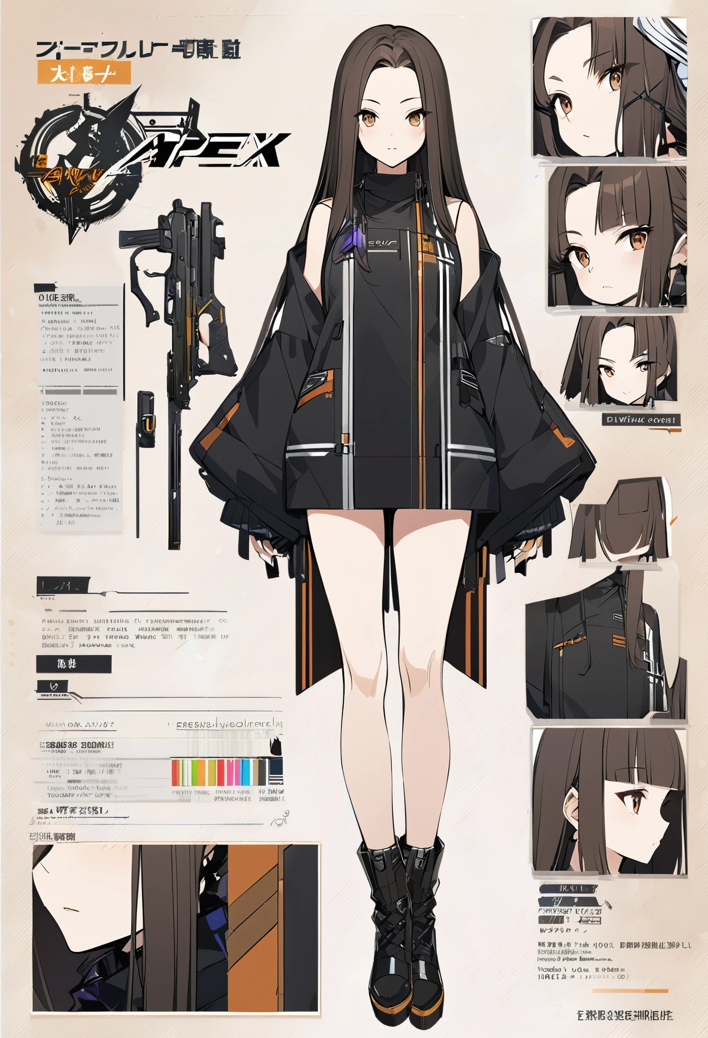 Forehead、Brown Hair、Shoulder-length hair、Center part、APEX、gun、Virtual Character Design,Black Hair、blunt bangs、Straight Hair、Brown Hair、Concept character sheet, face, Modern design, 1 female,Sexy concept, 