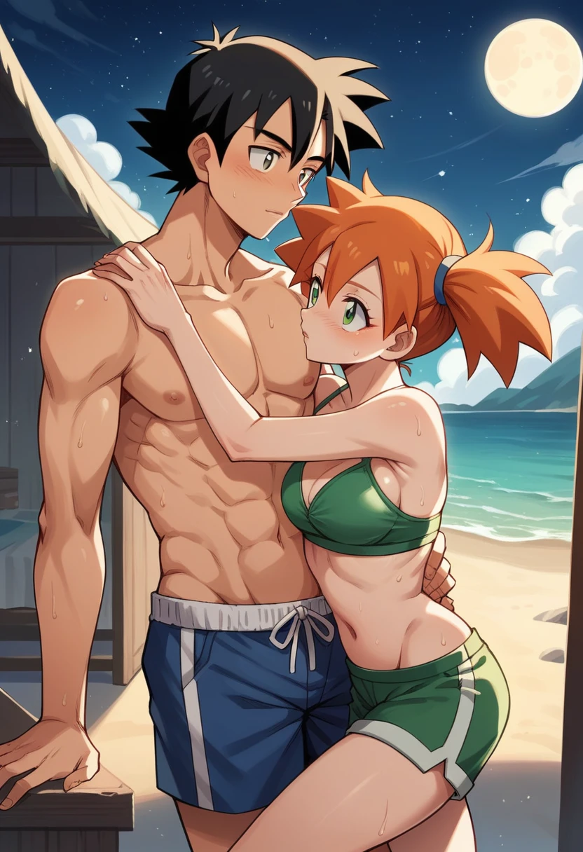 black hair, short hair, brown eyes, hair between eyes, ash ketchum, sweat shorts, shirtless misty pokémon, orange hair, green eyes, side ponytail, green bikini, masterpiece, starry night with a full moon photograph of beautiful 18 year old couple, inside a beach house at night