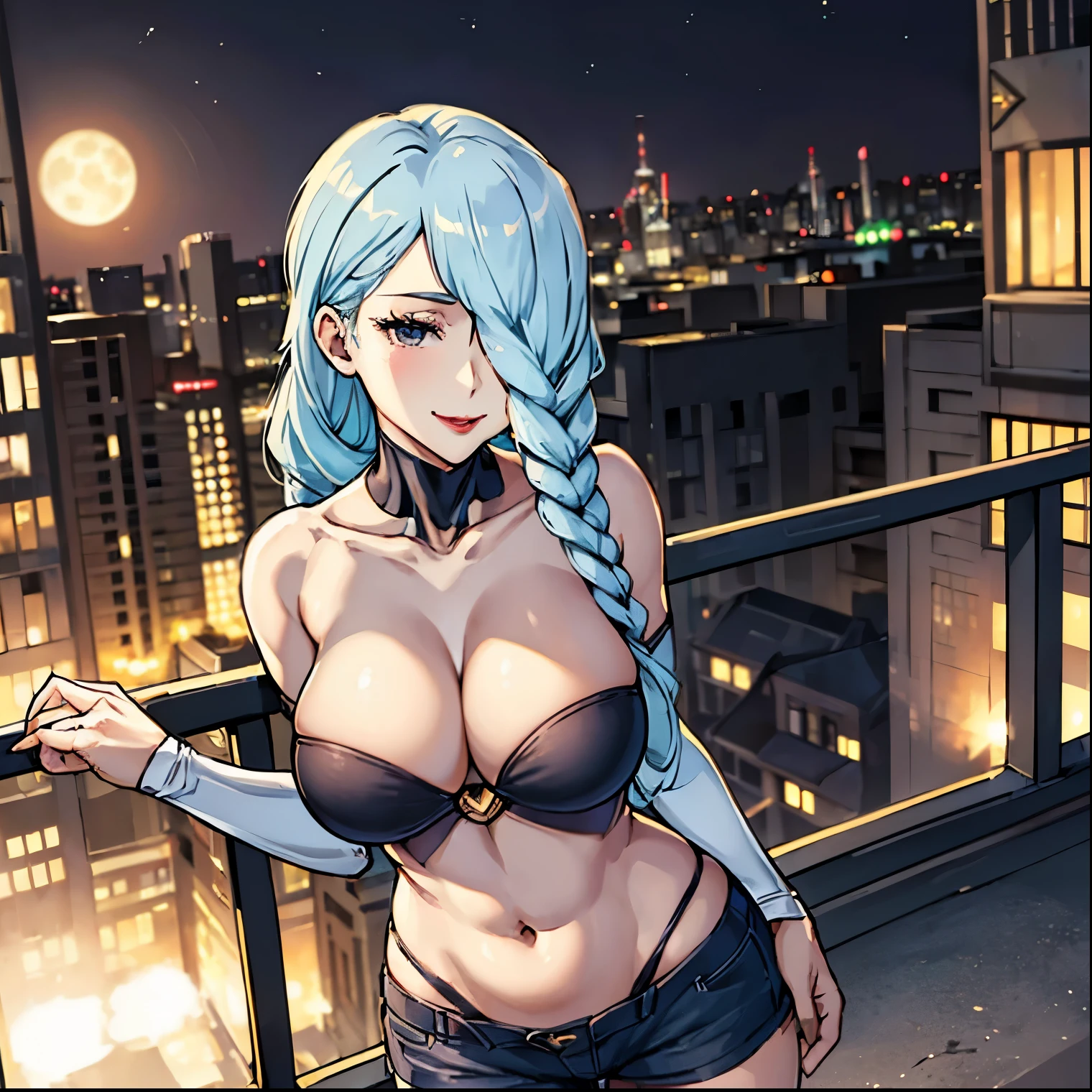 ((1girl)),((alone)),mei mei,(masterpiece), (best quality), (ultra detailed), (best illustration), (best shadow), (absurdities), sharp focus, cowboy shot ,atmospheric perspective, depth of field, dynamic posture looking at the viewer, large breasts, narrow waist, wide hips, wide thighs, round butt, erotic, romantic, (very detailed eyes, lips 1.1), very detailed eyes, eyes, very face detailed, very beautiful face, full height, beautiful slim figure, femininity, expressive appearance, elastic big breasts, sexuality, long hair, braid, hair over one eye, braided bangs, big breasts, blue hair, braided ponytail, makeup , red lips, gray hair, one eye covered, red lipstick, black eyes, half-closed eyes, curves, wide hips, defined body, underwear, shorts, panties, breasts, open fly, ribbon, navel, big breasts, camisole black:1.3, neckline:1.4, smile, panties with bow, two sides up, abdomen, unbuttoned, black shorts, open shorts, denim, unbuttoned, Perfect and beautiful body, perfect and beautiful, mouth closed, smile, happy smile ,blushing, (sexy pose: 1.2), ((solo)), standing: 1.3,((outside on the streets: 1.5, city view: 1.5, streets: 1.5, city lights : 1.5, moon: 1.3, night: 1.4, metropolis: 1.4), looking forward, ((focus on breasts)), point of view: (from above), perfect anatomy, perfect hands
